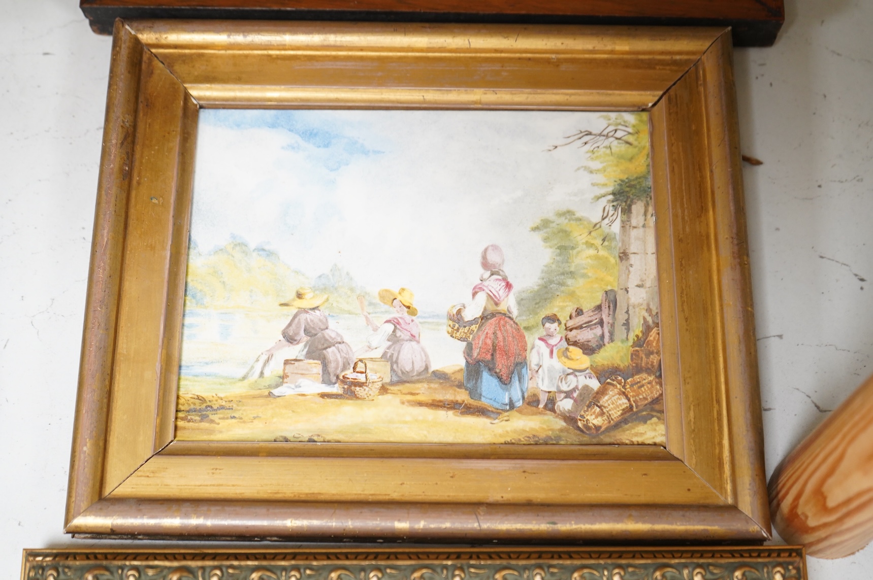 Four porcelain framed plaques, 19th and 20th century hand painted with highland landscapes and figures, two by James Skerrett, gilt framed, largest 21 x 26cm overall